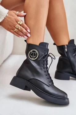Hot Boto Skórzane Botki Workery Ocieplane Na Zamek Z Ozdobą Czarne Lorevine