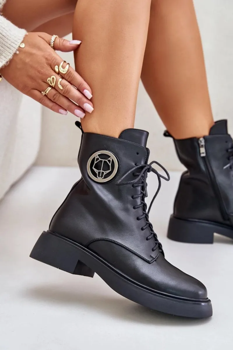 Hot Boto Skórzane Botki Workery Ocieplane Na Zamek Z Ozdobą Czarne Lorevine