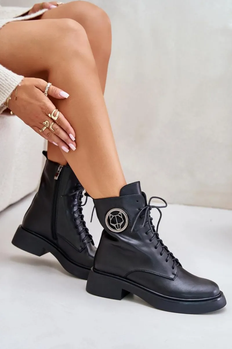 Hot Boto Skórzane Botki Workery Ocieplane Na Zamek Z Ozdobą Czarne Lorevine