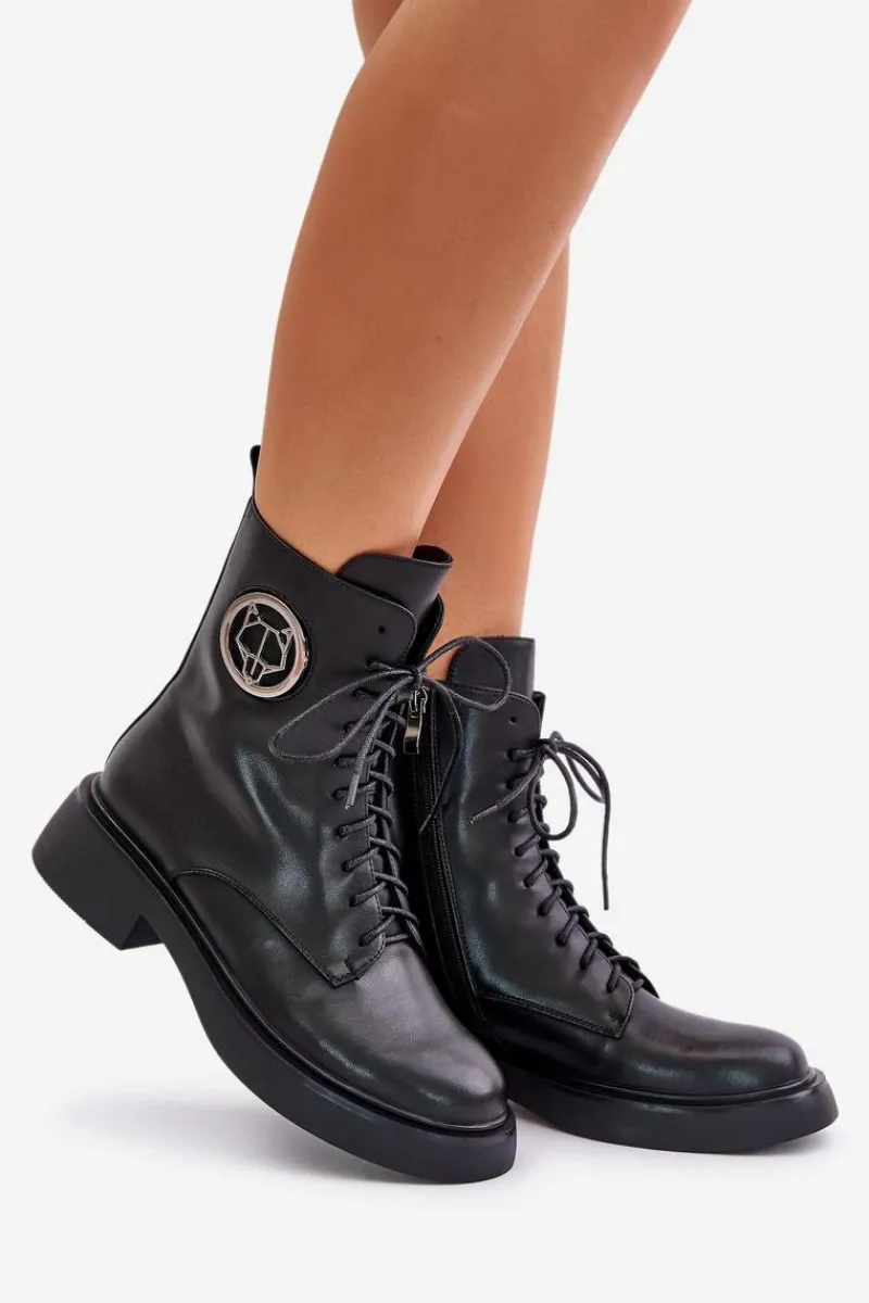 Hot Boto Skórzane Botki Workery Ocieplane Na Zamek Z Ozdobą Czarne Lorevine