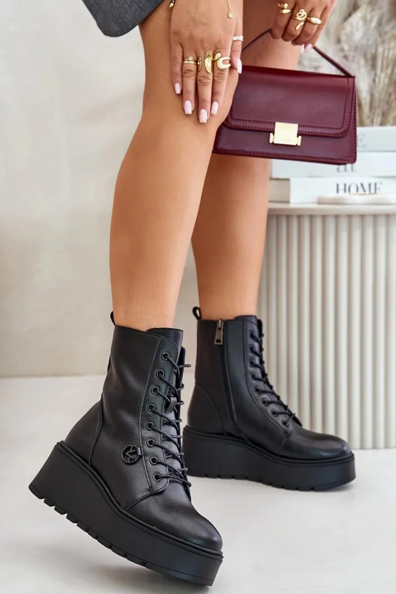 Outlet Skórzane Botki Workery Ocieplane Na Platformie I Koturnie Vinceza 58338 Czarne Damskie Botki Skórzane|Botki Na Koturnie