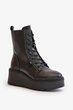 Outlet Skórzane Botki Workery Ocieplane Na Platformie I Koturnie Vinceza 58338 Czarne Damskie Botki Skórzane|Botki Na Koturnie