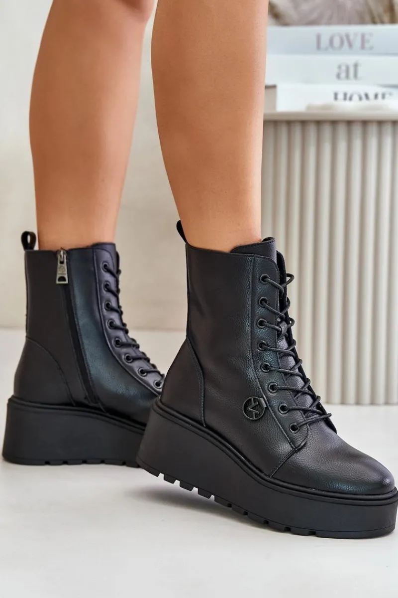 Outlet Skórzane Botki Workery Ocieplane Na Platformie I Koturnie Vinceza 58338 Czarne Damskie Botki Skórzane|Botki Na Koturnie