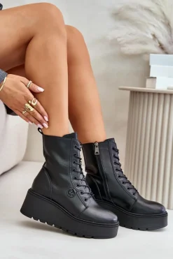 Outlet Skórzane Botki Workery Ocieplane Na Platformie I Koturnie Vinceza 58338 Czarne Damskie Botki Skórzane|Botki Na Koturnie