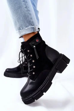 Boto Skórzane Botki Workery Wiązane Czarne Your Way!