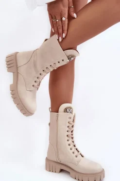 Botki Sznurowane|Brązowe I Beżowe Botki><noscript><img width=