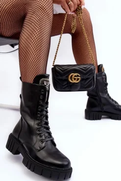 Discount Boto Skórzane Botki Workery Z Biżuteryjną Ozdobą Czarne Marx