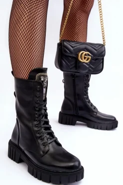 Discount Boto Skórzane Botki Workery Z Biżuteryjną Ozdobą Czarne Marx