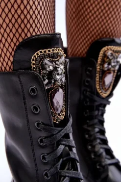 Discount Boto Skórzane Botki Workery Z Biżuteryjną Ozdobą Czarne Marx