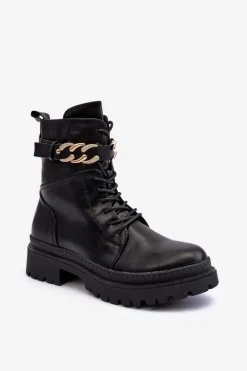 Clearance Skórzane Botki Workery Z Ozdobnym Paskiem Czarne Enili Damskie Czarne Botki|Botki Płaskie