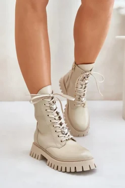 Botki Ocieplane|Damskie Trapery>CheBello Skórzane Botki Workery Z Przypinkami Na Zamek 4553 Beżowe