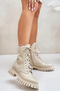 Botki Ocieplane|Damskie Trapery>CheBello Skórzane Botki Workery Z Przypinkami Na Zamek 4553 Beżowe