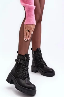 Skórzane Botki Workery Zdobione Dżetami MM2N4041 Czarne Damskie Botki Skórzane|Czarne Botki