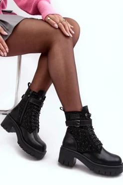 Skórzane Botki Workery Zdobione Dżetami MM2N4041 Czarne Damskie Botki Skórzane|Czarne Botki