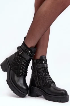 Skórzane Botki Workery Zdobione Dżetami MM2N4041 Czarne Damskie Botki Skórzane|Czarne Botki