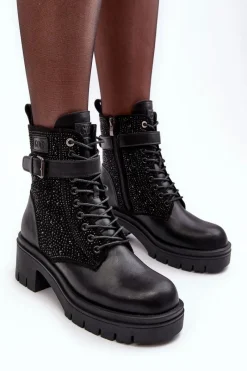 Skórzane Botki Workery Zdobione Dżetami MM2N4041 Czarne Damskie Botki Skórzane|Czarne Botki
