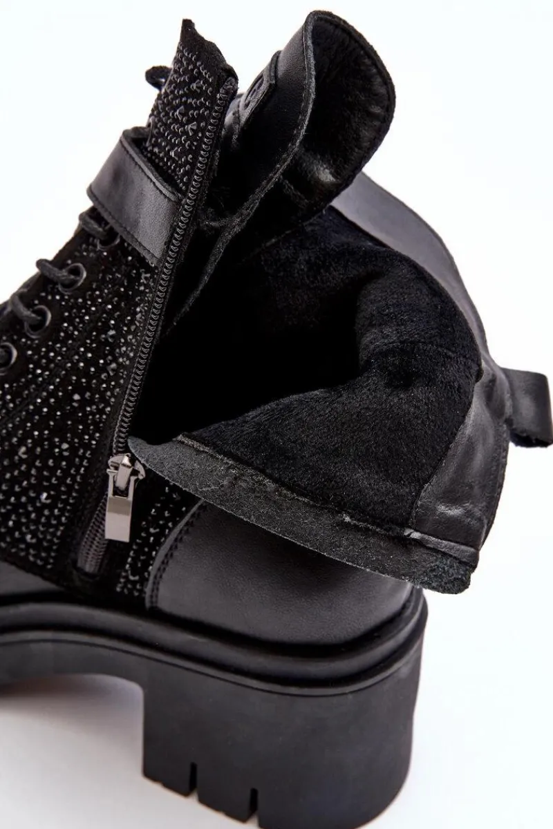 Skórzane Botki Workery Zdobione Dżetami MM2N4041 Czarne Damskie Botki Skórzane|Czarne Botki