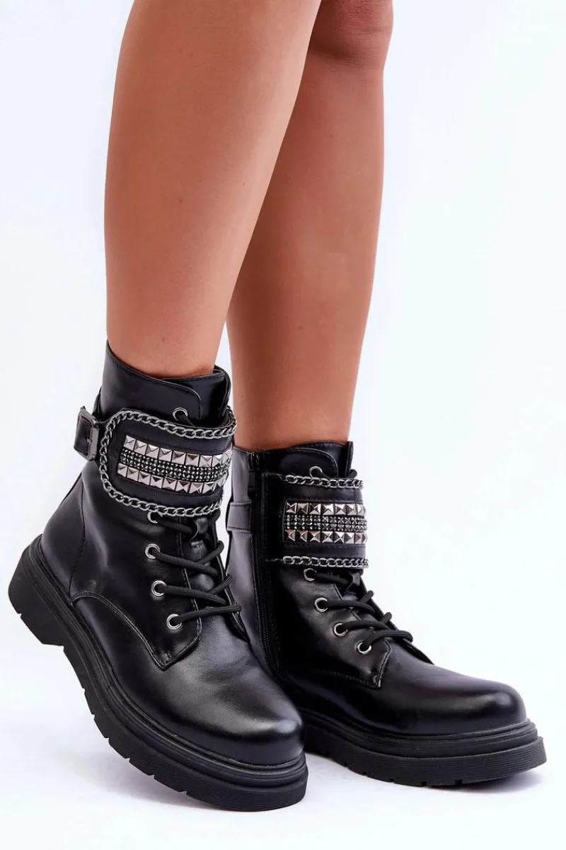 Sale Skórzane Botki Workery Zdobione Ćwiekami Czarne Kongei Damskie Botki Sznurowane|Czarne Botki