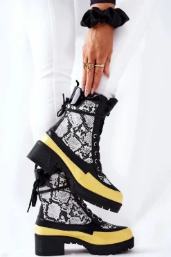 Best Skórzane Botki Wężowe Czarno-Żółte Meridiah Damskie Botki Sznurowane|Botki Na Słupku