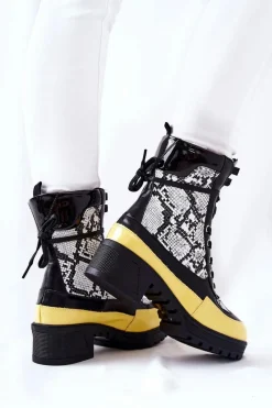 Best Skórzane Botki Wężowe Czarno-Żółte Meridiah Damskie Botki Sznurowane|Botki Na Słupku