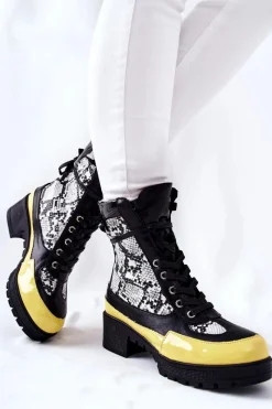 Best Skórzane Botki Wężowe Czarno-Żółte Meridiah Damskie Botki Sznurowane|Botki Na Słupku