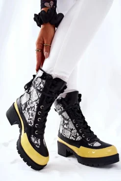 Best Skórzane Botki Wężowe Czarno-Żółte Meridiah Damskie Botki Sznurowane|Botki Na Słupku