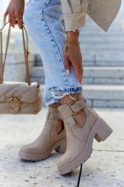 Online Skórzane Botki Wycięcie Pasek Ciemnobeżowe Rosanne Damskie Botki Wiosenne|Botki Na Słupku