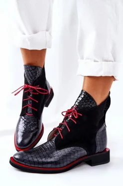 Clearance Skórzane Botki Wzór Aligatora Czarne Laorelia Damskie Botki Sznurowane|Czarne Botki