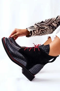 Clearance Skórzane Botki Wzór Aligatora Czarne Laorelia Damskie Botki Sznurowane|Czarne Botki