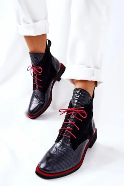 Clearance Skórzane Botki Wzór Aligatora Czarne Laorelia Damskie Botki Sznurowane|Czarne Botki