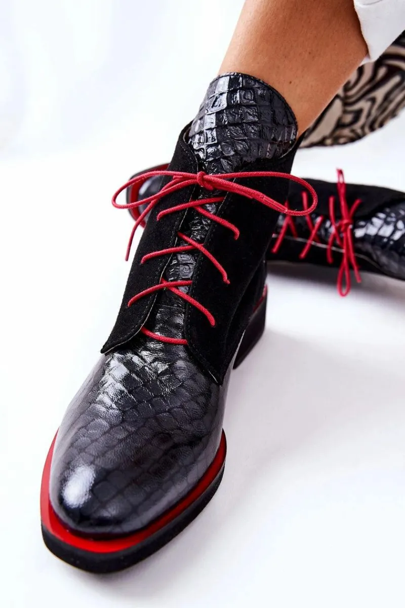 Clearance Skórzane Botki Wzór Aligatora Czarne Laorelia Damskie Botki Sznurowane|Czarne Botki