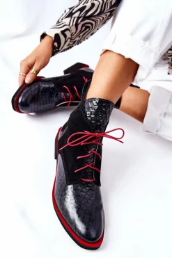 Clearance Skórzane Botki Wzór Aligatora Czarne Laorelia Damskie Botki Sznurowane|Czarne Botki