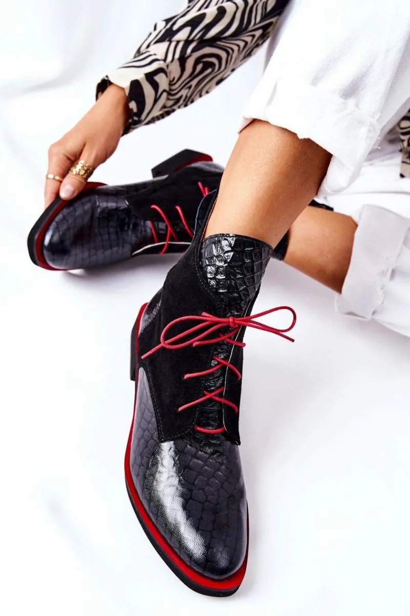 Clearance Skórzane Botki Wzór Aligatora Czarne Laorelia Damskie Botki Sznurowane|Czarne Botki