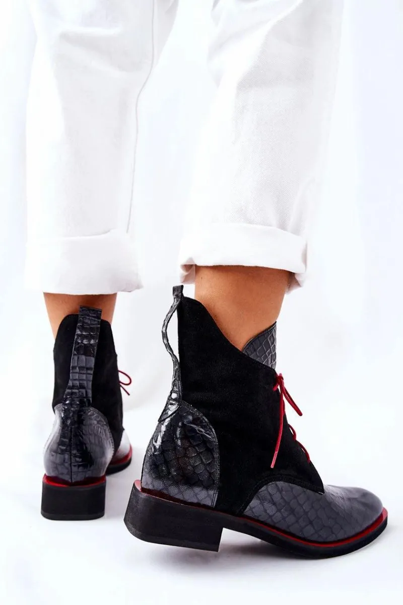 Clearance Skórzane Botki Wzór Aligatora Czarne Laorelia Damskie Botki Sznurowane|Czarne Botki