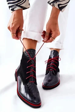 Clearance Skórzane Botki Wzór Aligatora Czarne Laorelia Damskie Botki Sznurowane|Czarne Botki