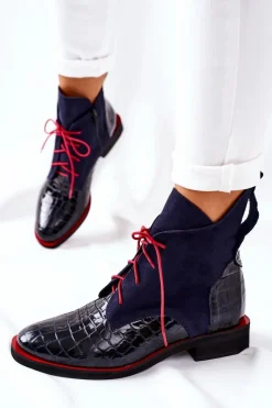 Botki Sznurowane|Czarne Botki>Boto Skórzane Botki Wzór Aligatora Granatowe Bruselle