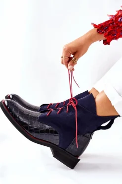 Botki Sznurowane|Czarne Botki>Boto Skórzane Botki Wzór Aligatora Granatowe Bruselle