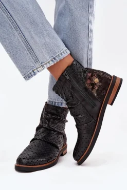 Outlet Skórzane Botki Z Ażurowym Wzorem 05922-01 Czarne Damskie Botki Maciejka|Botki Wiosenne