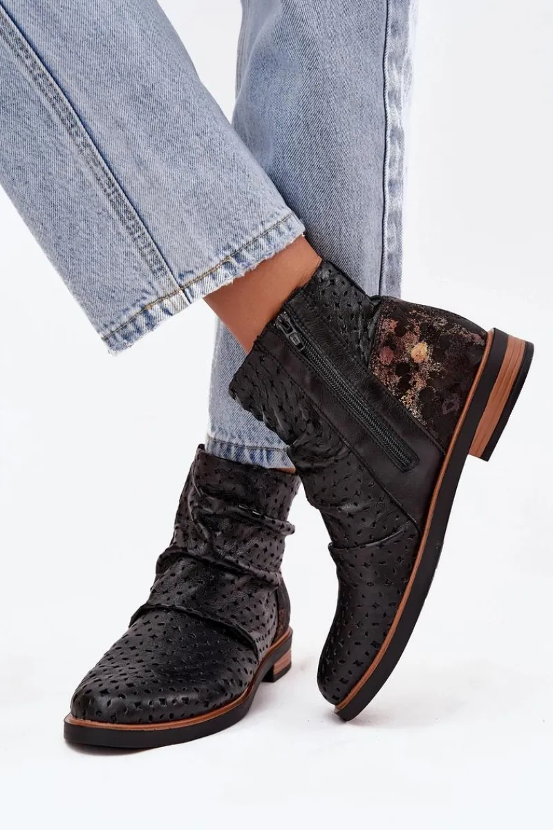 Outlet Skórzane Botki Z Ażurowym Wzorem 05922-01 Czarne Damskie Botki Maciejka|Botki Wiosenne