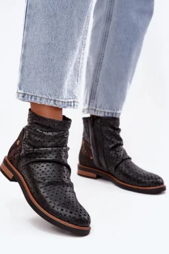 Outlet Skórzane Botki Z Ażurowym Wzorem 05922-01 Czarne Damskie Botki Maciejka|Botki Wiosenne