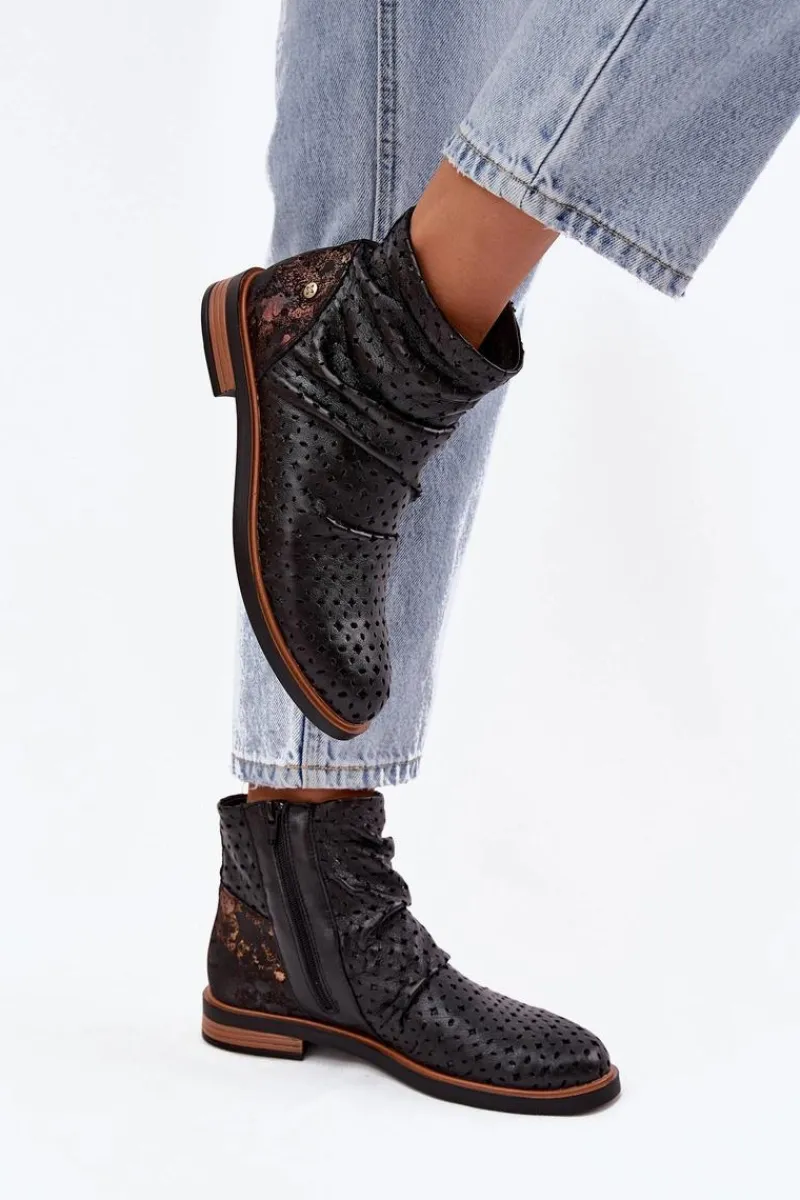 Outlet Skórzane Botki Z Ażurowym Wzorem 05922-01 Czarne Damskie Botki Maciejka|Botki Wiosenne