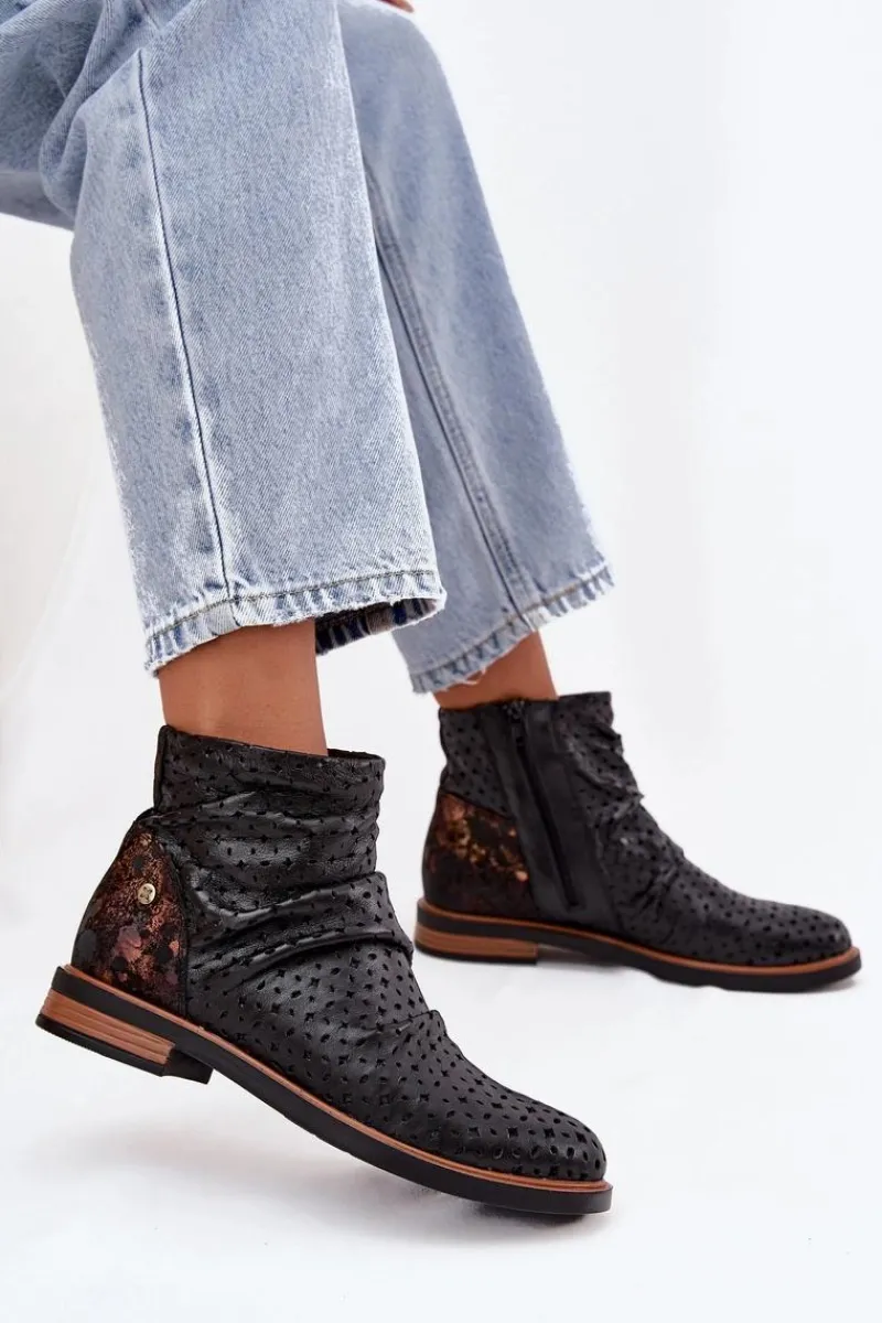 Outlet Skórzane Botki Z Ażurowym Wzorem 05922-01 Czarne Damskie Botki Maciejka|Botki Wiosenne