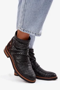 Outlet Skórzane Botki Z Ażurowym Wzorem 05922-01 Czarne Damskie Botki Maciejka|Botki Wiosenne