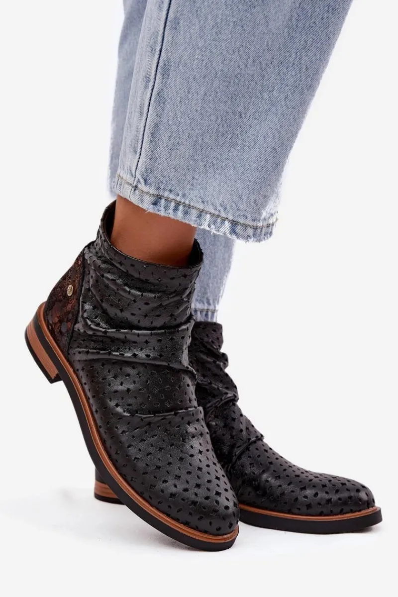 Outlet Skórzane Botki Z Ażurowym Wzorem 05922-01 Czarne Damskie Botki Maciejka|Botki Wiosenne