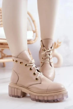 Skórzane Botki Z Masywną Podeszwą Beżowe Horizon Damskie Botki Wiosenne|Damskie Trapery