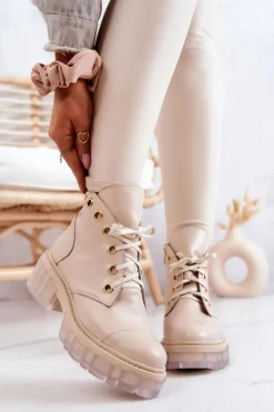 Skórzane Botki Z Masywną Podeszwą Beżowe Horizon Damskie Botki Wiosenne|Damskie Trapery