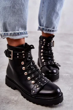 Discount Boto Skórzane Botki Z Ozdobnym Paskiem Czarne Sabine