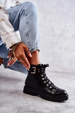 Discount Boto Skórzane Botki Z Ozdobnym Paskiem Czarne Sabine