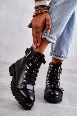 Discount Boto Skórzane Botki Z Ozdobnym Paskiem Czarne Sabine