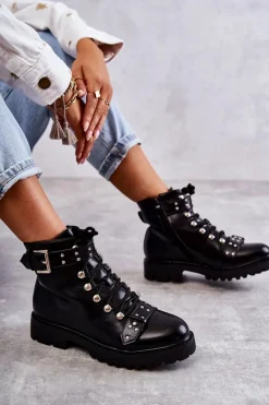 Discount Boto Skórzane Botki Z Ozdobnym Paskiem Czarne Sabine